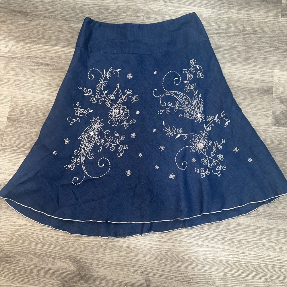 Nine & Company Women Chambray Floral Embroidered Linen Blend Western Skirt Sz 8